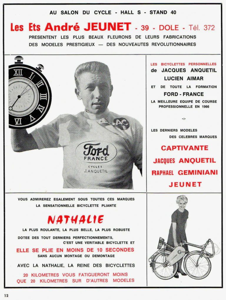Jeunet 1966 Advertisement — Jacques Anquetil Bicycles and the Nathalie Folder — page 1 of 1