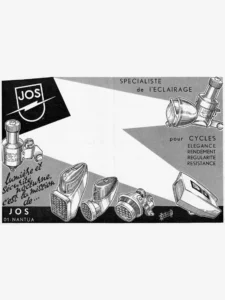 JOS advertisement from Le Cycle, October 1966: Rebour's drawing of Jos dynamos, headlamps and rear lamps in gray beams of light, with the Jos shield.