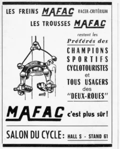 Mafac advertisement from Le Cycle, October 1966: Rebour's drawing of a Mafac center-pull brake, with "Mafac c'est plus sûr!".