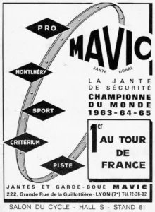 Mavic advertisement from Le Cycle, October 1966: a rim drawn in a sweeping loop with diamonds naming the Pro, Montlhéry, Sport, Critérium and Piste models.