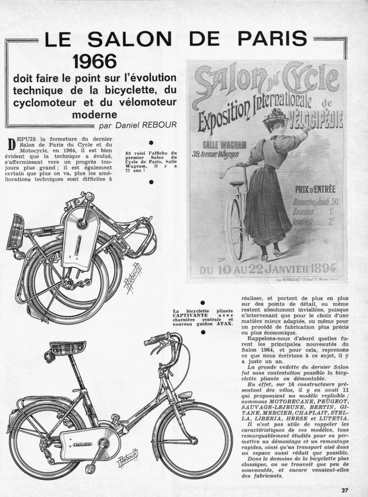 Rebour's Salon report, page 27, Le Cycle, October 1966: the Captivante folding bicycle drawn folded and unfolded, beside the 1894 Salle Wagram Salon poster.