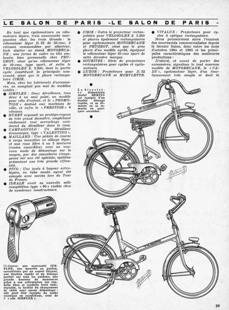 Rebour's Salon report, page 29: the André Bertin take-apart bicycle drawn assembled and in two halves, with the new Simplex handlebar lever.