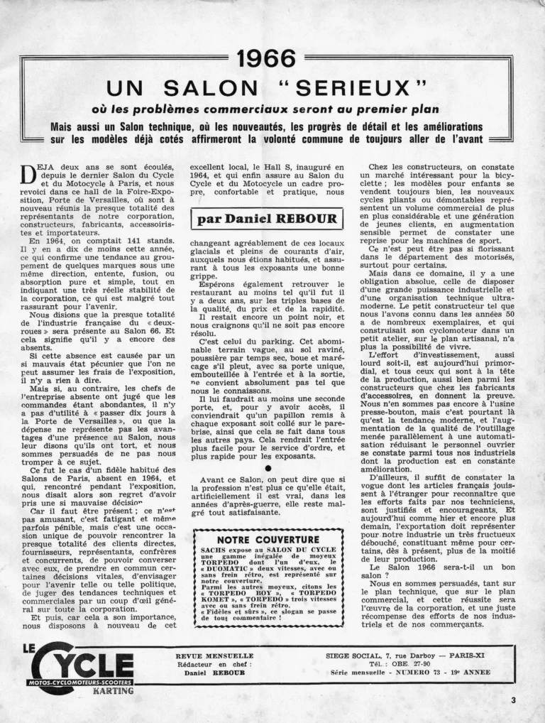 1966, un Salon «sérieux» — Le Cycle, October 1966, by Daniel Rebour — page 1 of 1