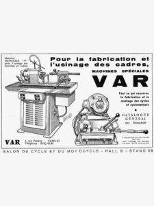 VAR advertisement from Le Cycle, October 1966: Rebour's drawings of the Mondiale 77 machine for forks and frames and a VAR cutting and milling machine.