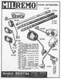 André Bertin advertisement from Le Cycle, May 1971, page 22: Milremo pumps, mirrors and a meter drawn with their catalog numbers.