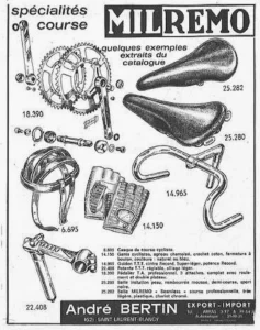 André Bertin advertisement from Le Cycle, May 1971, page 12: Milremo racing equipment drawn with catalog numbers, a T.A. chainset, saddles, bars and a helmet.