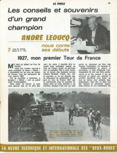 Page 27 of Le Cycle, May 1971: André Leducq at his desk and a road scene from the 1927 Tour de France.