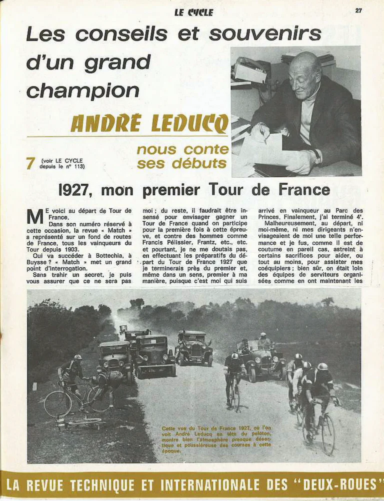 1927, mon premier Tour de France, the Memories of André Leducq — Le Cycle, May 1971 — page 1 of 3