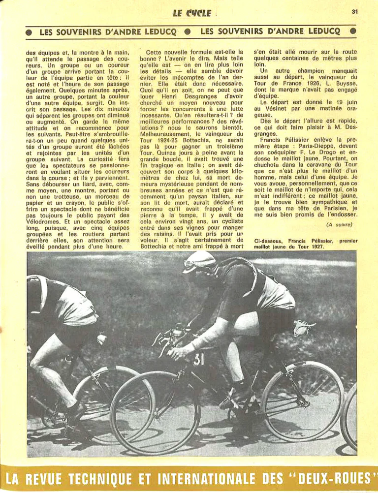 1927, mon premier Tour de France, the Memories of André Leducq — Le Cycle, May 1971 — page 3 of 3