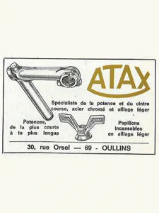Atax advertisement from Le Cycle, May 1971, page 22: a long-reach stem and a wing nut beside the Atax name in gold.