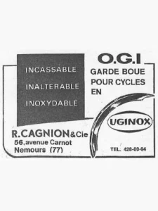 Cagnion advertisement from Le Cycle, May 1971, page 32: a curved stainless mudguard beside the O.G.I. initials and the Uginox name.