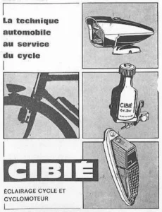 Cibié advertisement from Le Cycle, May 1971, page 32: photographs of a Cibié front lamp, a dynamo and a rear lamp in six panels.