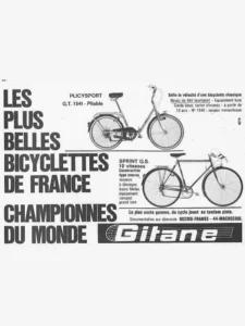 Gitane advertisement from Le Cycle, May 1971, page 28: the Plicysport folding bicycle and the Sprint G.S. beside a tall condensed headline.