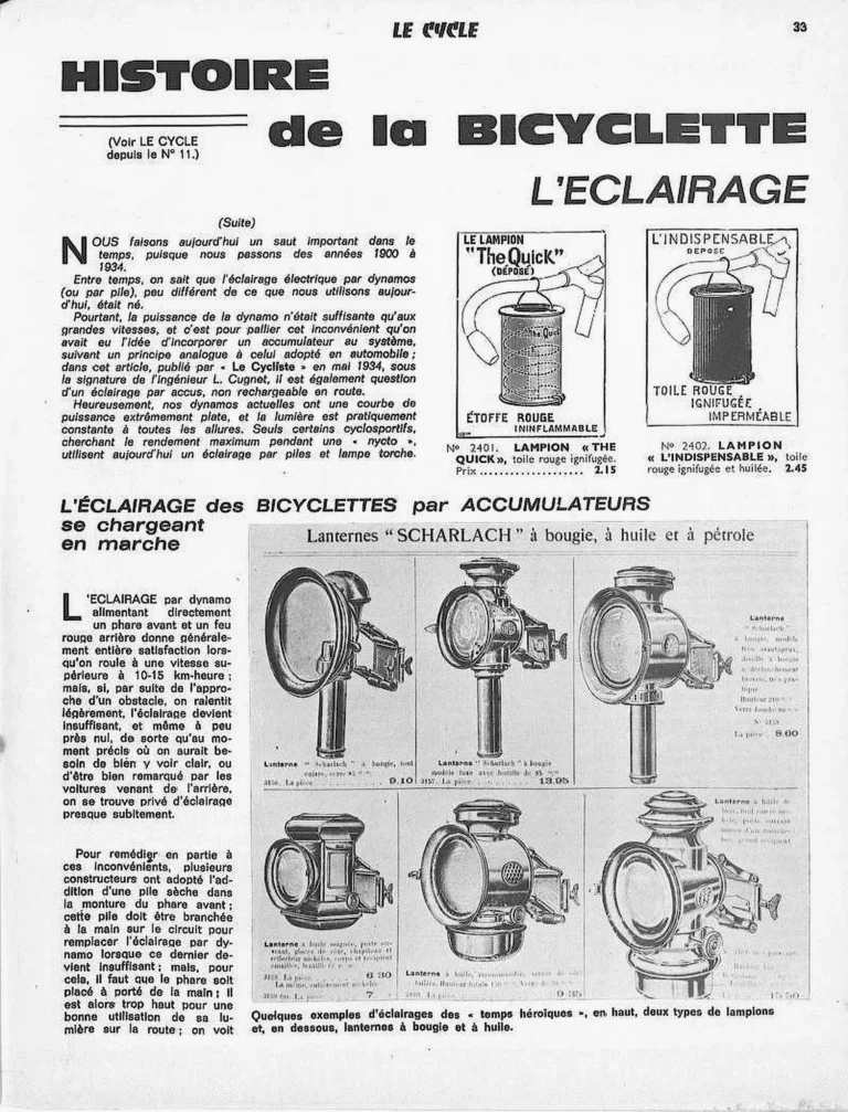 Histoire de la Bicyclette, l'Éclairage — Le Cycle, May 1971 — page 1 of 4