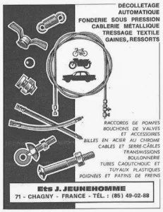 Jeunehomme advertisement from Le Cycle, May 1971, page 32: small parts and a looped control cable around silhouettes of a bicycle, a motorcycle and a car.