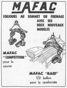 Mafac advertisement from Le Cycle, May 1971, page 8: drawings of the Competition center-pull brake and the Raid brake on a touring fork.