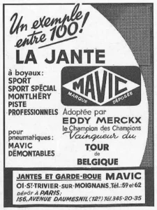 Mavic advertisement from Le Cycle, May 1971, page 8: lettering only, the Mavic diamond trademark beside the rim models and Eddy Merckx's name.