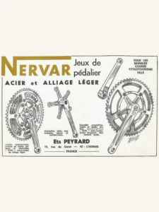Nervar advertisement from Le Cycle, May 1971, page 10: Rebour's drawings of a triple chainset, a steel crank and a competition chainset.