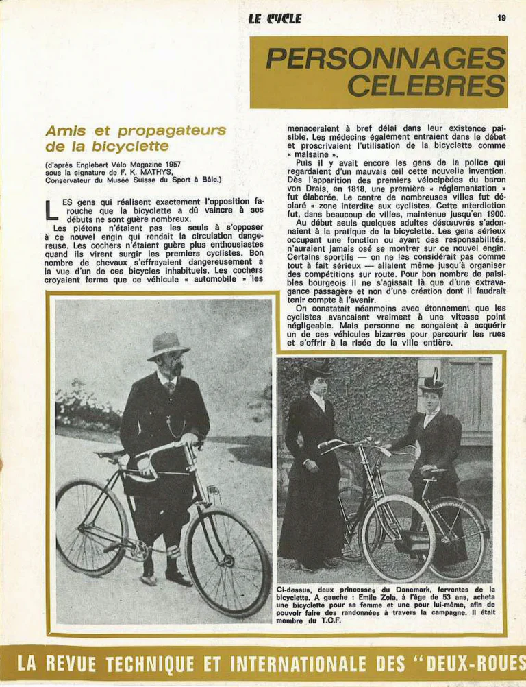 Personnages célèbres, amis et propagateurs de la bicyclette — Le Cycle, May 1971, after F. K. Mathys — page 2 of 6