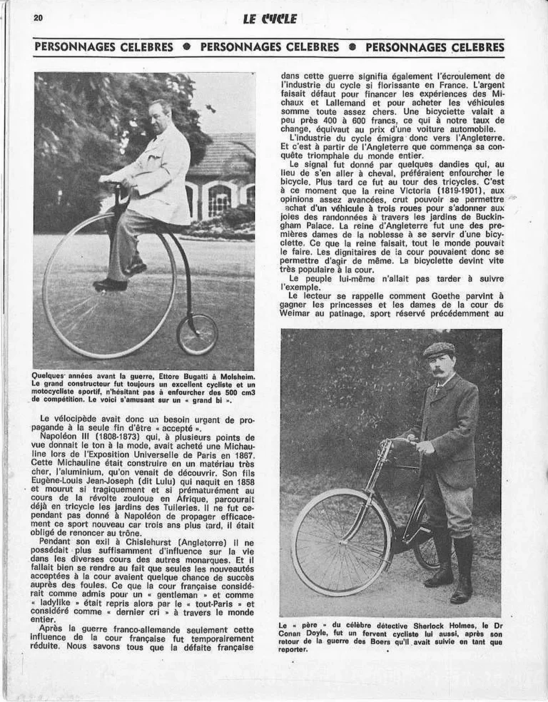 Personnages célèbres, amis et propagateurs de la bicyclette — Le Cycle, May 1971, after F. K. Mathys — page 3 of 6