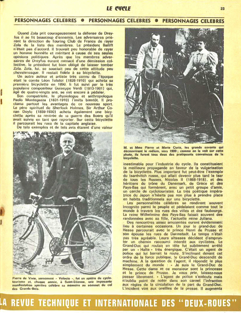 Personnages célèbres, amis et propagateurs de la bicyclette — Le Cycle, May 1971, after F. K. Mathys — page 5 of 6
