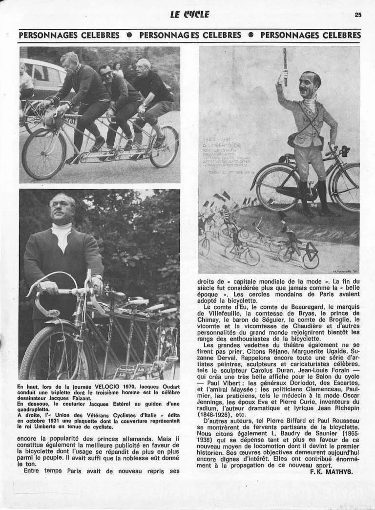 Personnages célèbres, amis et propagateurs de la bicyclette — Le Cycle, May 1971, after F. K. Mathys — page 6 of 6