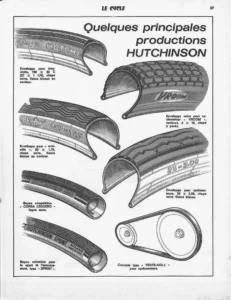 Page 37 of Le Cycle, May 1971: drawings of Hutchinson tires, two tubulars and a drive belt, each with a caption.