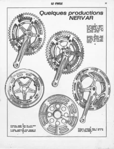 Page 17 of Le Cycle, May 1971: drawings of five Nervar chainsets and parts, each with a short caption.