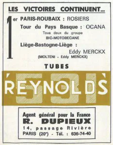 Reynolds advertisement from Le Cycle, May 1971, page 10: the Reynolds 531 name on a gold band under a list of spring race wins.