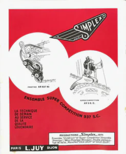 Simplex advertisement from Le Cycle, May 1971, page 2: drawings of the Super Compétition rear and front derailleurs in two white circles on a red ground.