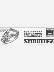 Soubitez advertisement from Le Cycle, May 1971, page 39: a headlamp with a built-in speedometer beside the Soubitez name and the S.E.V. Marchal box.