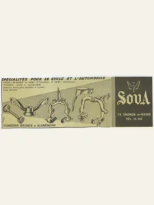 Sova advertisement from Le Cycle, May 1971, page 30: Sova brakes, a lever, a wing nut and a key drawn on a gold band beside the Sova name.