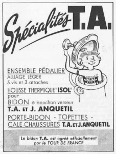 Spécialités T.A. advertisement from Le Cycle, May 1971, page 12: a cartoon boy rising from a cycling bottle under the slanting Spécialités T.A. name.