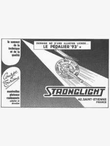 Stronglight advertisement from Le Cycle, May 1971, page 8: the Pédalier 93 double chainset flying along a white beam across a black dot-screen field.