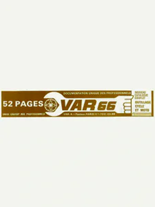 VAR advertisement from Le Cycle, May 1971, page 39: a gold band with a wrench holding a chainwheel, lettered VAR 66, for the 52-page tool catalog.