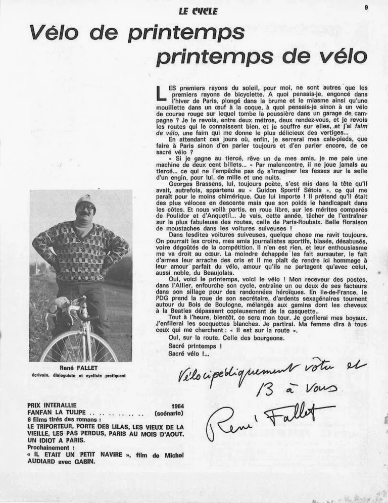 Vélo de printemps, printemps de vélo — Le Cycle, May 1971, by René Fallet — page 1 of 1
