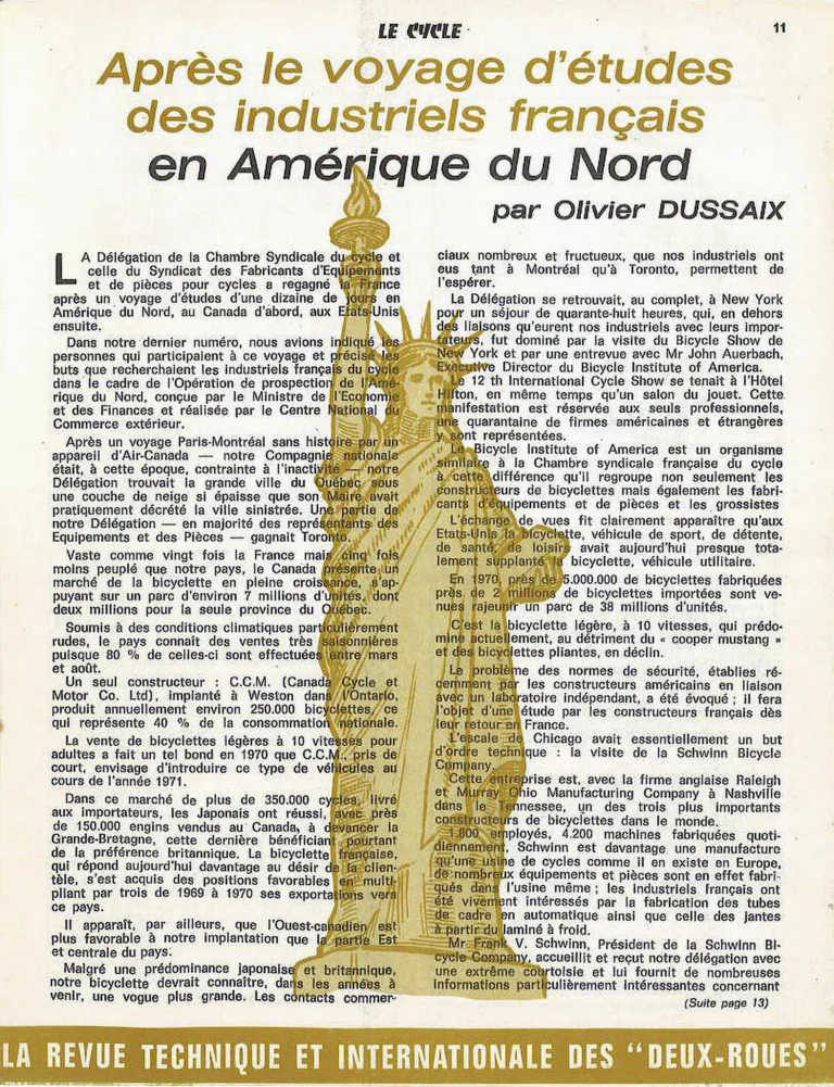 Après le voyage d'études des industriels français en Amérique du Nord — Le Cycle, May 1971, by Olivier Dussaix — page 1 of 2