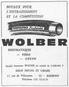Wolber advertisement from Le Cycle, May 1971, page 28: a drawing of a Transalpino tubular tire above the Wolber name and the Soissons address.