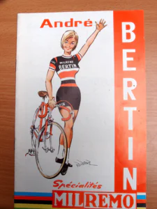 The front cover of André Bertin's catalog: a painted young woman in a MILREMO BERTIN jersey waves while holding a red racing bicycle, beside a red band with BERTIN set vertically.