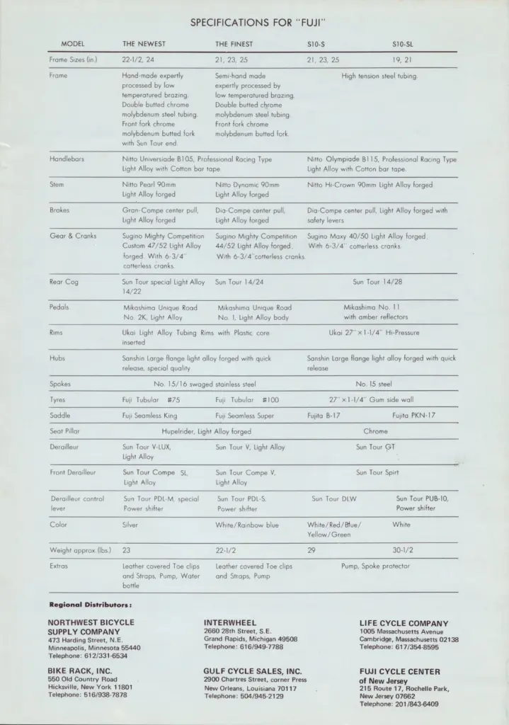 Printed specification table headed Specifications for Fuji, comparing The Newest, The Finest, S10-S and S10-SL row by row, from frame sizes and tubing through handlebars, brakes, cranks, rims, hubs, saddles and derailleurs to color and weight, with a list of six regional distributors below