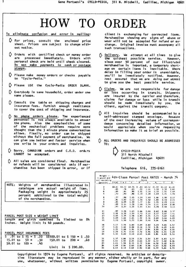 Gene Portuesi's Cyclo-pedia 1974, Eleventh Edition (7 Pages) — How to Order, Huret Derailleurs, Spécialités TA and Idéale Saddles — page 2 of 7