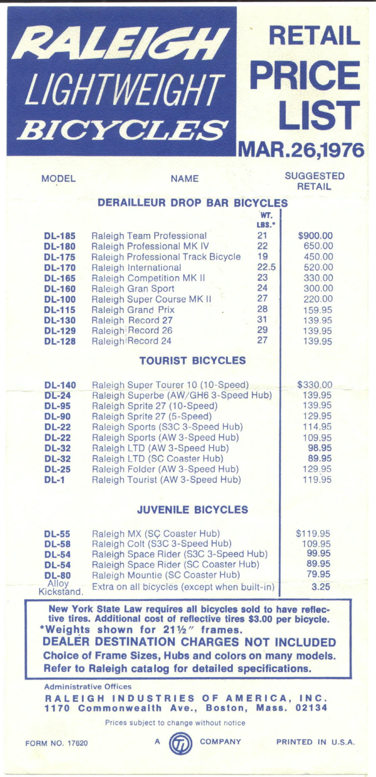 Raleigh 1976 Retail Price List — Lightweight Bicycles, March 26, 1976 (United States) — page 1 of 1