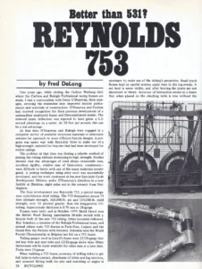 Page 28 of Fred DeLong's article Better than 531? Reynolds 753 in Bicycling!, March 1976, showing the headline in heavy black type, the byline, two columns of text and two photographs: a frame running on cleated rollers inside a wire-caged fatigue test rig, and a lugless test frame lettered TEAM with tape where its strain gauges were fixed.