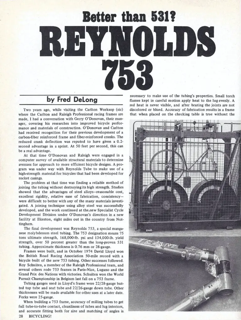 Better than 531? Reynolds 753 — Bicycling!, March 1976, by Fred DeLong — page 1 of 2
