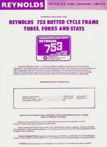 The front of Reynolds Technical Data Sheet T205 for Reynolds 753 butted cycle frame tubes, forks and stays, with a "Guaranteed built with Reynolds 753" badge below the title.