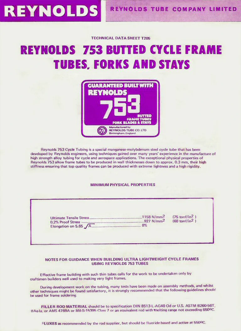 Reynolds 1976 Technical Data Sheet T205 — Reynolds 753 Butted Cycle Frame Tubes, Forks and Stays — page 1 of 2