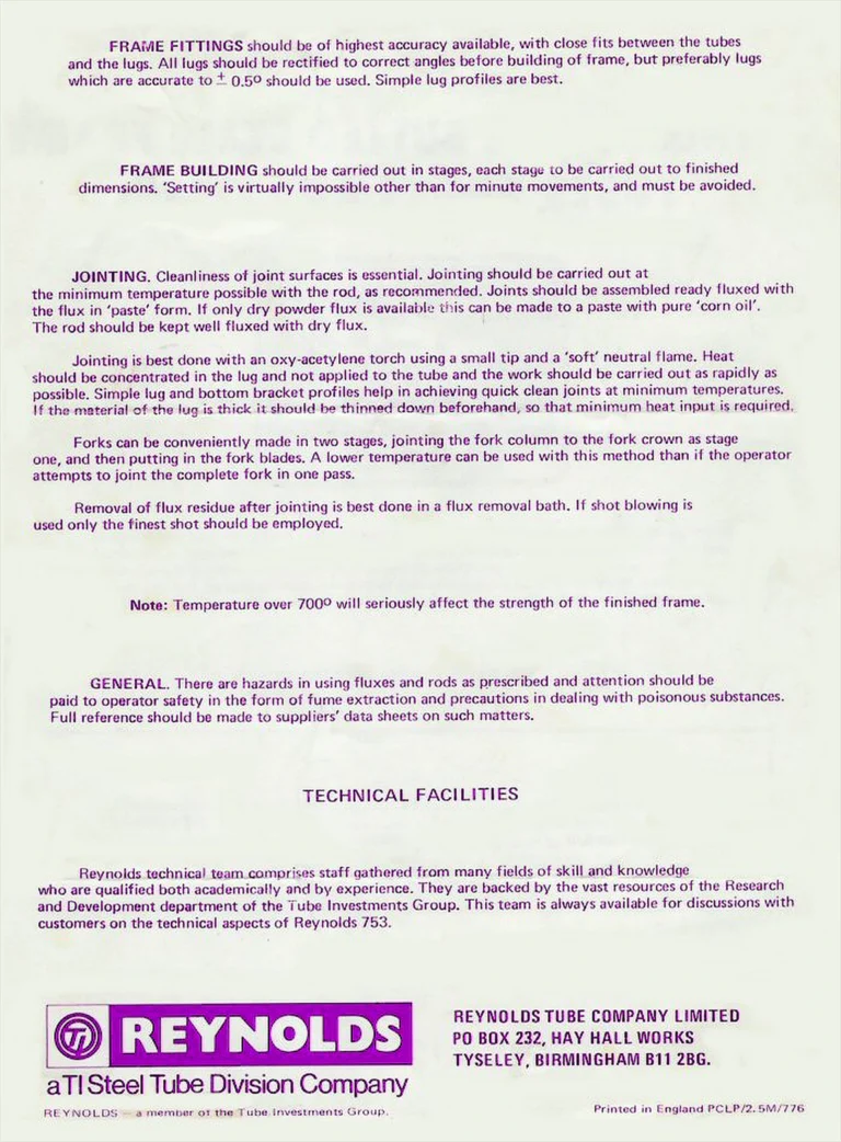 Reynolds 1976 Technical Data Sheet T205 — Reynolds 753 Butted Cycle Frame Tubes, Forks and Stays — page 2 of 2