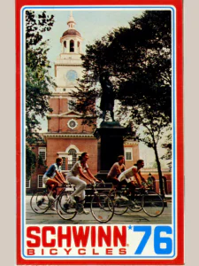 Four young cyclists ride lightweight bicycles past a statue on a tall plinth in front of a brick clock tower (Independence Hall in Philadelphia, as the cover caption inside the catalog names it), with the red and blue "SCHWINN® BICYCLES 76" logo below the photograph inside a red border.