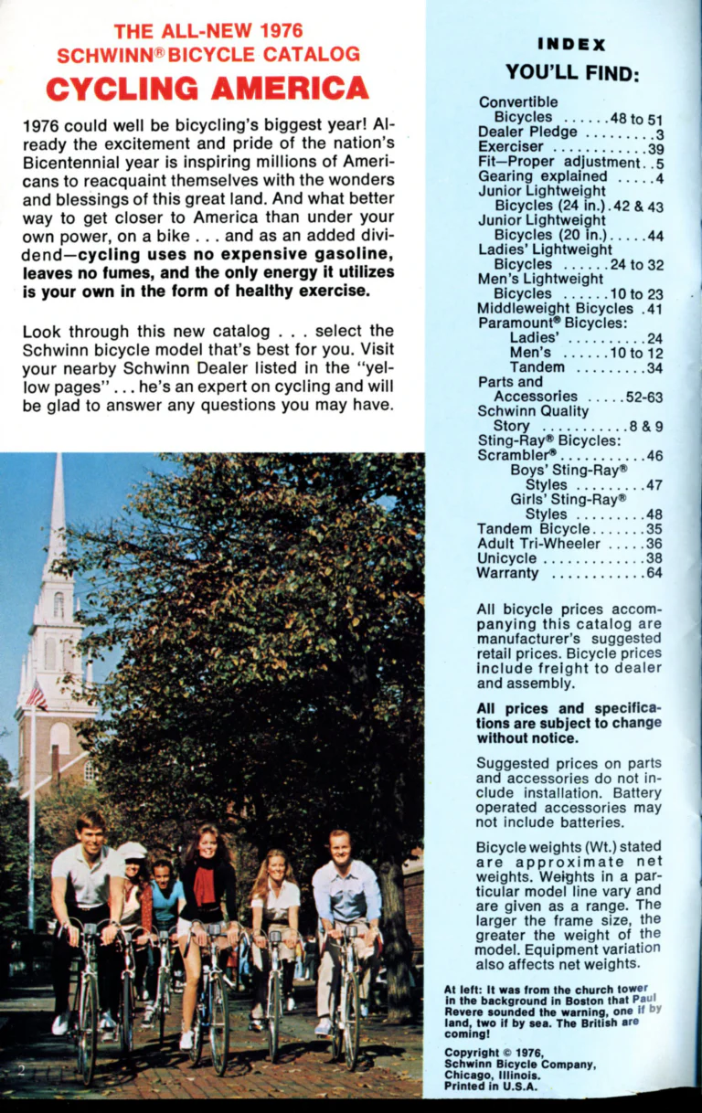 Schwinn 1976 Catalog — Cycling America: Paramount, Lightweight, Sting-Ray and Junior Bicycles, Parts and Accessories, with the Price List — page 2 of 64