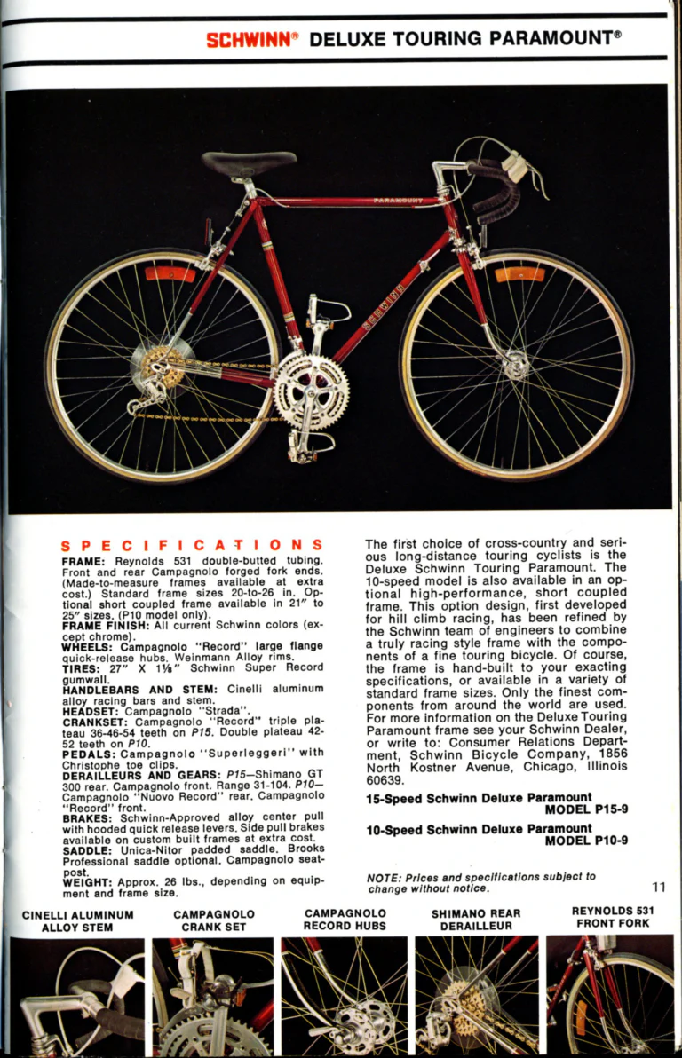 Schwinn 1976 Catalog — Cycling America: Paramount, Lightweight, Sting-Ray and Junior Bicycles, Parts and Accessories, with the Price List — page 11 of 64